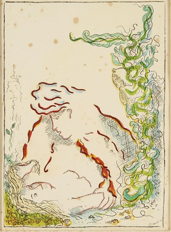 Sans titre, Cícero Dias, lithographie : une figure penchée sur une tête endormie, avec une végétation verte à droite
