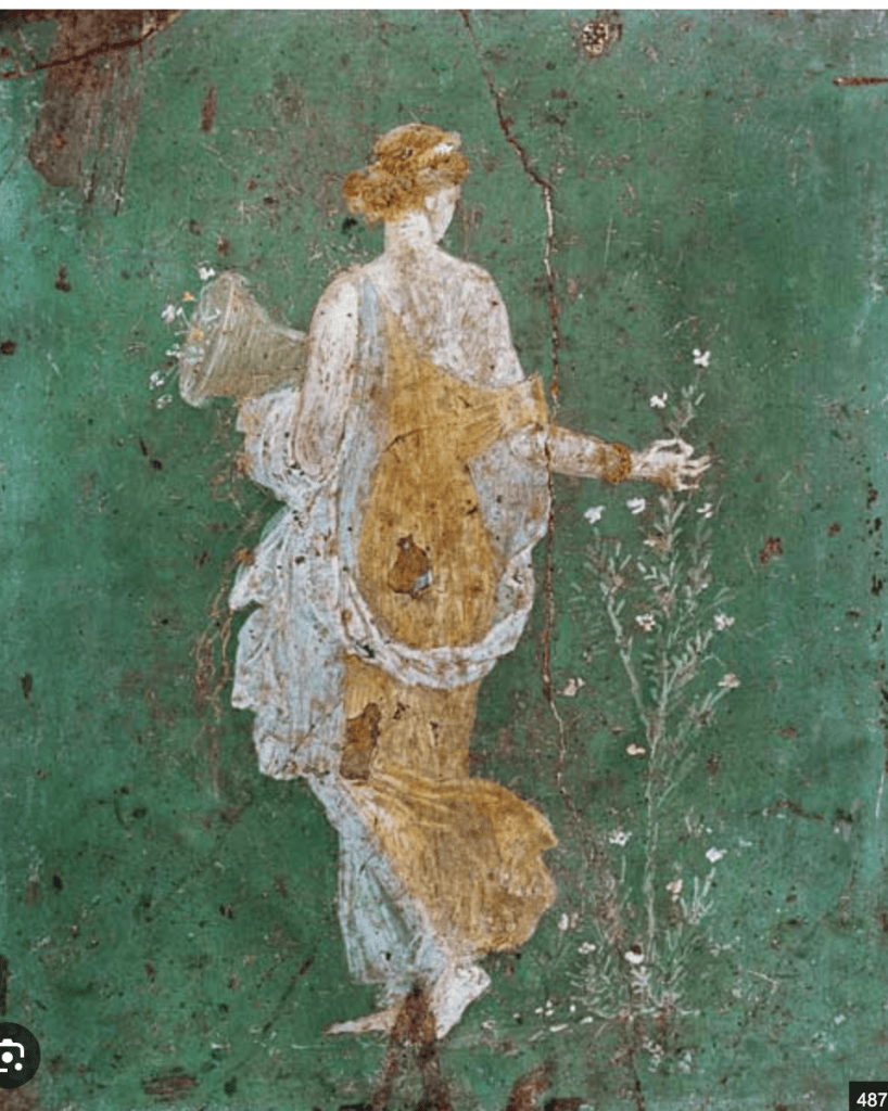 Flora (Primavera), fresque romaine de Stabies : figure féminine de dos, vêtue de jaune et de blanc, tenant une corne d'abondance remplie de fleurs, sur fond vert