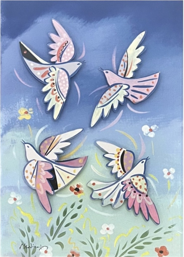 Sans titre, Giorgos Stathopoulos, quatre oiseaux stylisés en vol au-dessus de fleurs